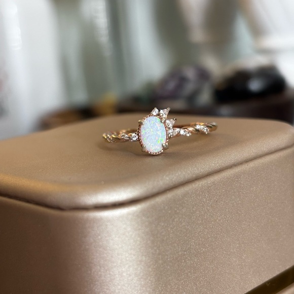 Handmade 18K Rose Gold Vermeil Opal and White Zircon Ring Size 10 - Picture 8 of 11